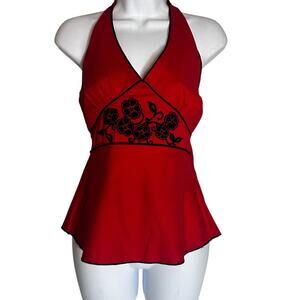 VTG Y2K Red Halter Top Black Velvet Flower Detail Peplum Grunge Goth Fairy Med